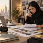 فريق إبداعي يراجع ستوري بورد مكتوبًا على طاولة عمل في الرياض.
