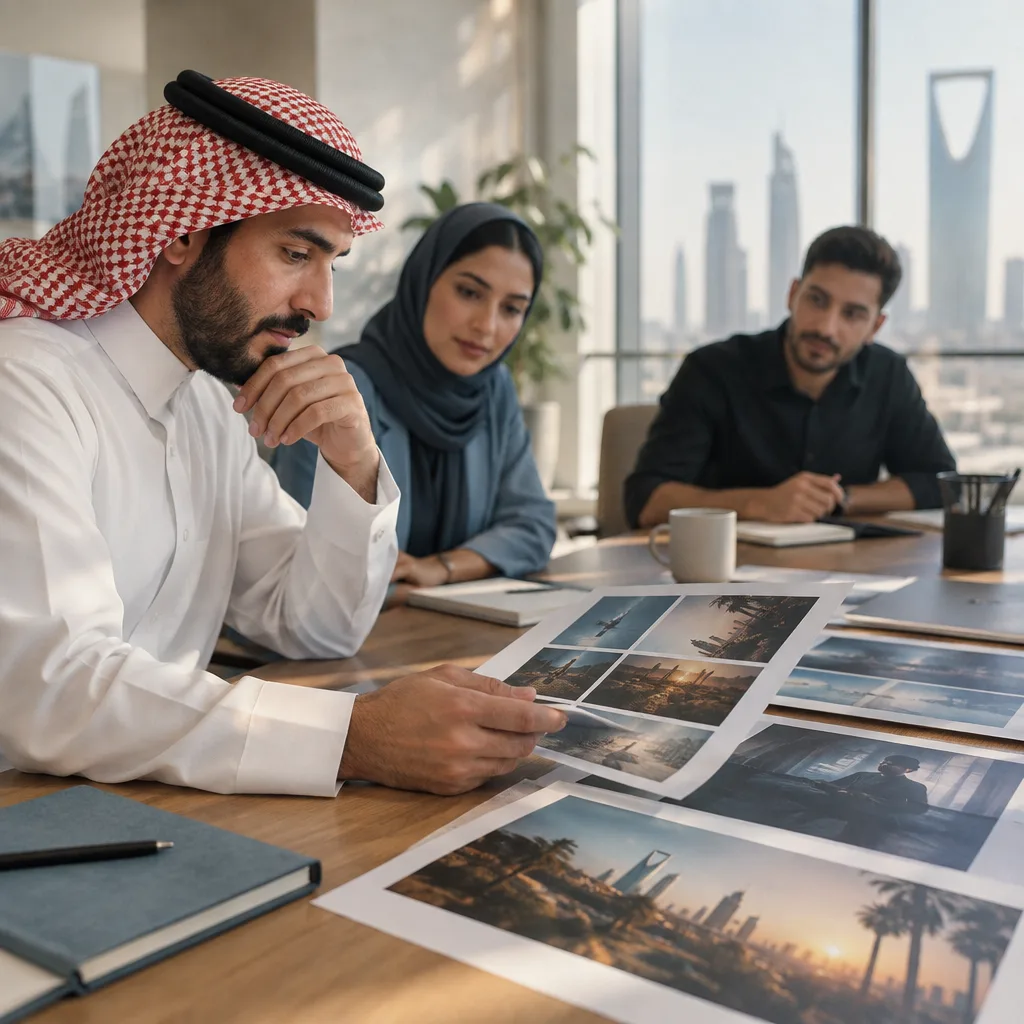 صاحب علامة تجارية يناقش مع منتج حلول اختيار شركة إنتاج فيديو.