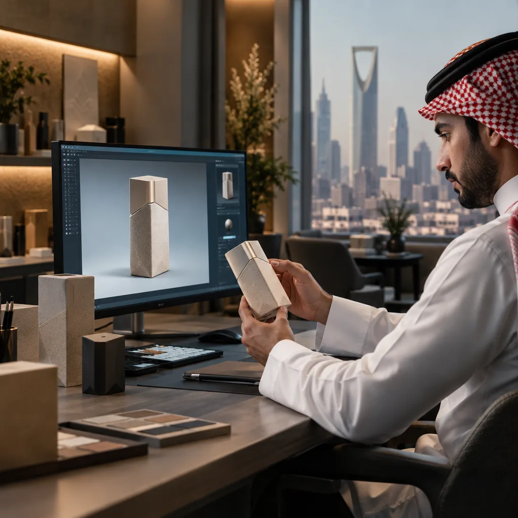 مخرج إبداعي يقارن بين نموذج منتج ونسخة 3D داخل استوديو في الرياض.