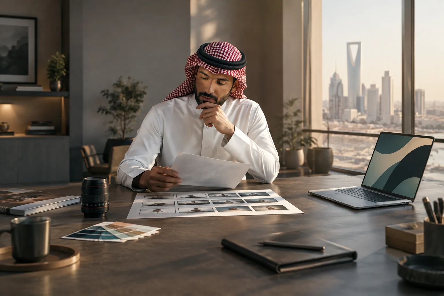 شخص يراجع عرض سعر لإنتاج فيديو إعلاني في مكتب حديث بالرياض.