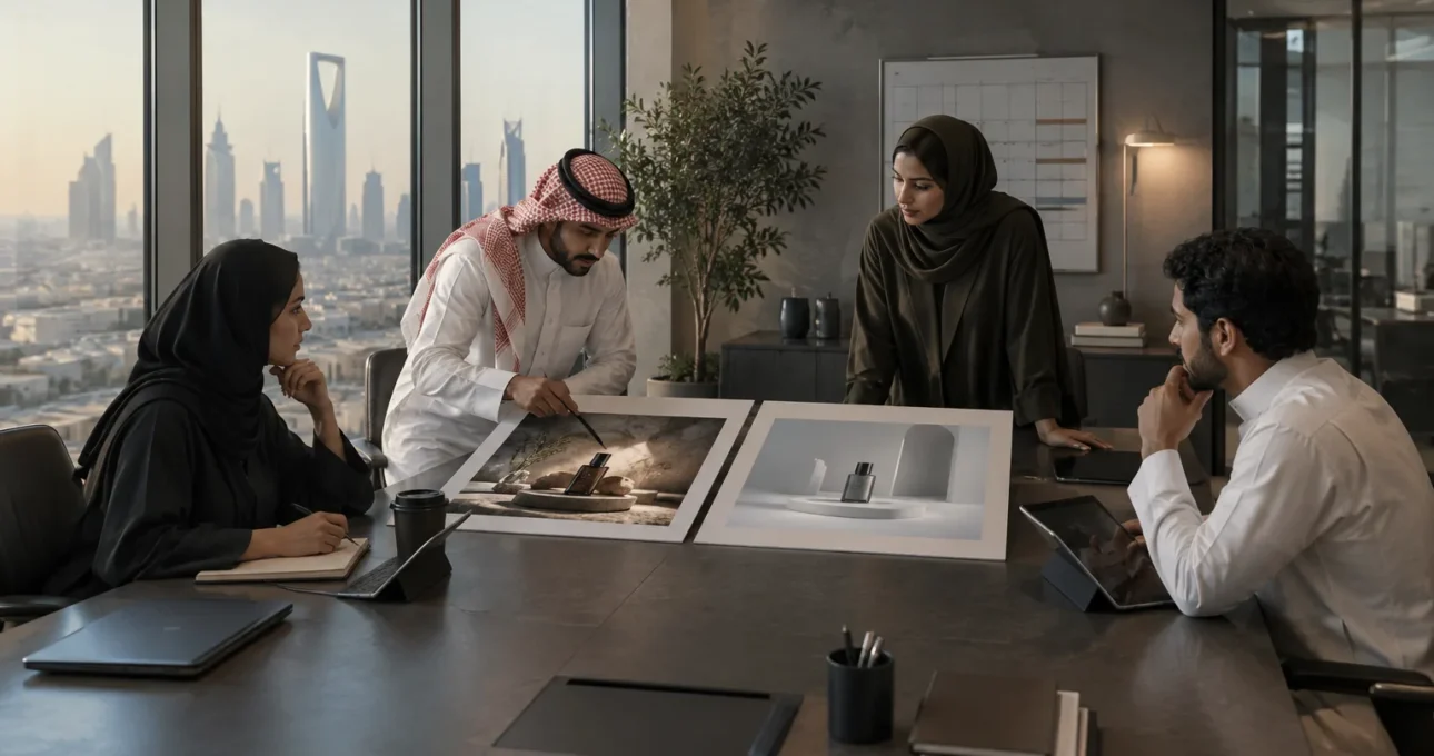 فريق تسويق في الرياض يراجع خيارَي إعلان مصوَّر و3D تحت ضغط وقت الإطلاق.