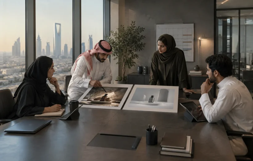 فريق تسويق في الرياض يراجع خيارَي إعلان مصوَّر و3D تحت ضغط وقت الإطلاق.