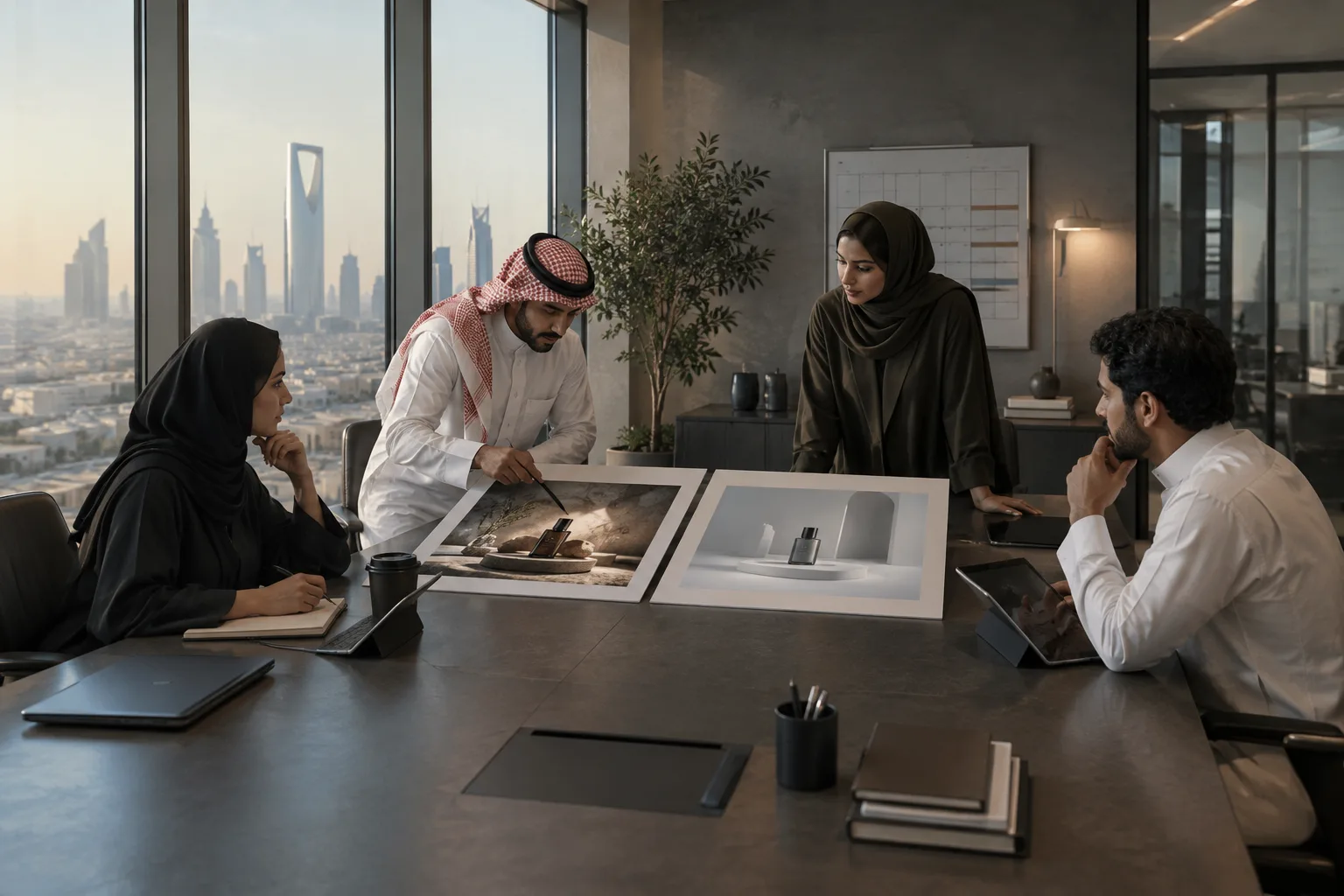 فريق تسويق في الرياض يراجع خيارَي إعلان مصوَّر و3D تحت ضغط وقت الإطلاق.