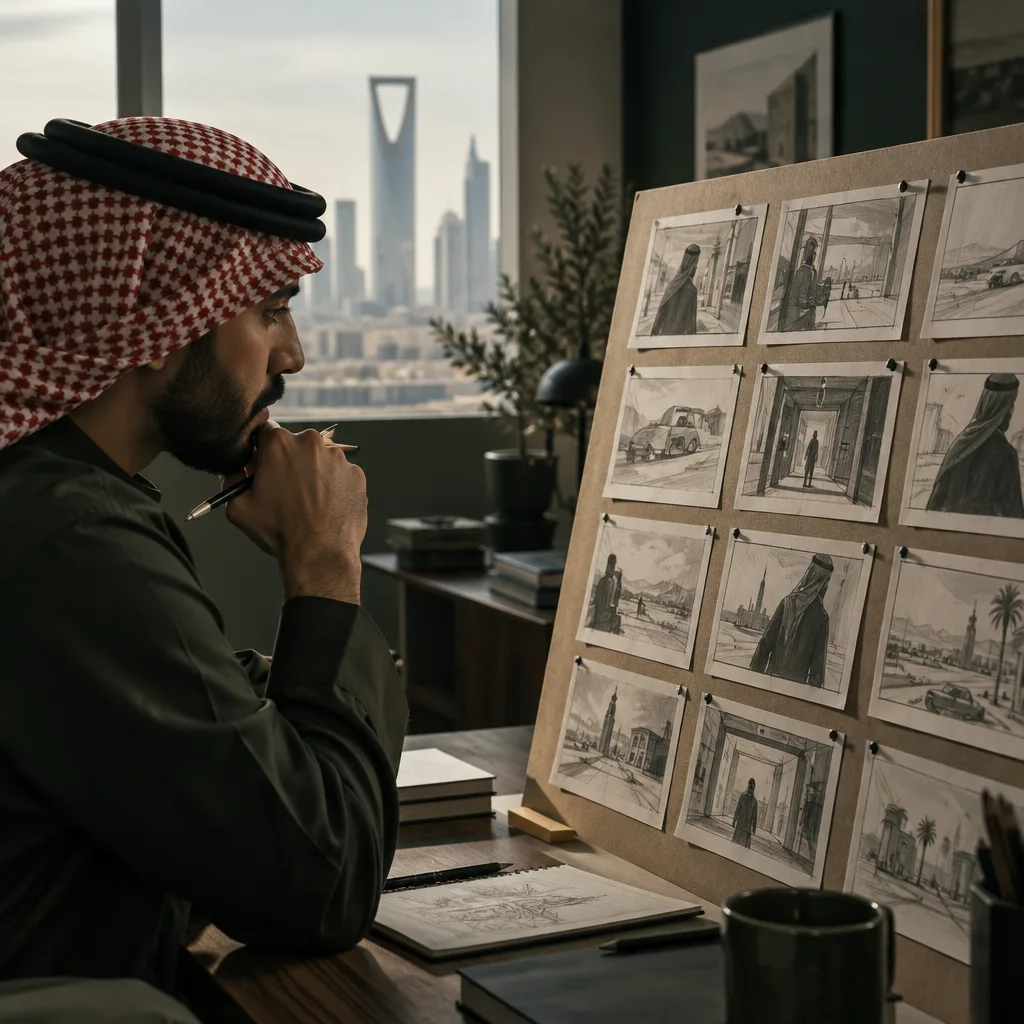 مخرج وفنان ستوري بورد يراجعان لوحات ستوري بورد مصوَّرة في استوديو بالرياض.