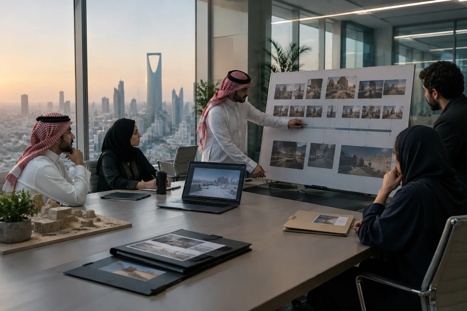 فريق تسويق في الرياض يراجع اختيار أسلوب الإنتاج بين التصوير التقليدي والإنتاج الافتراضي.